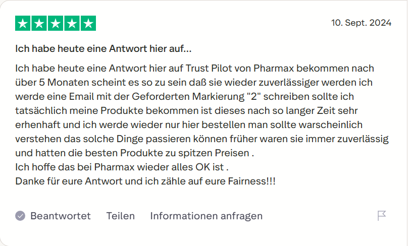 Pharmax customer review on Trustpilot