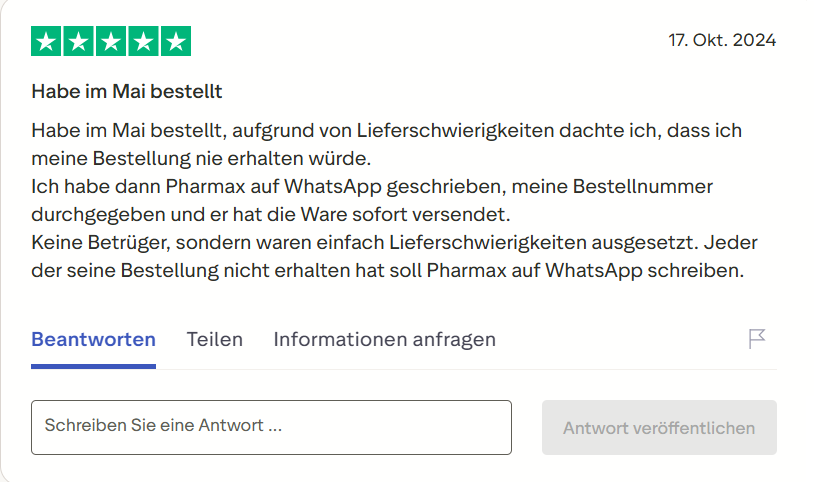 Pharmax customer review on Trustpilot